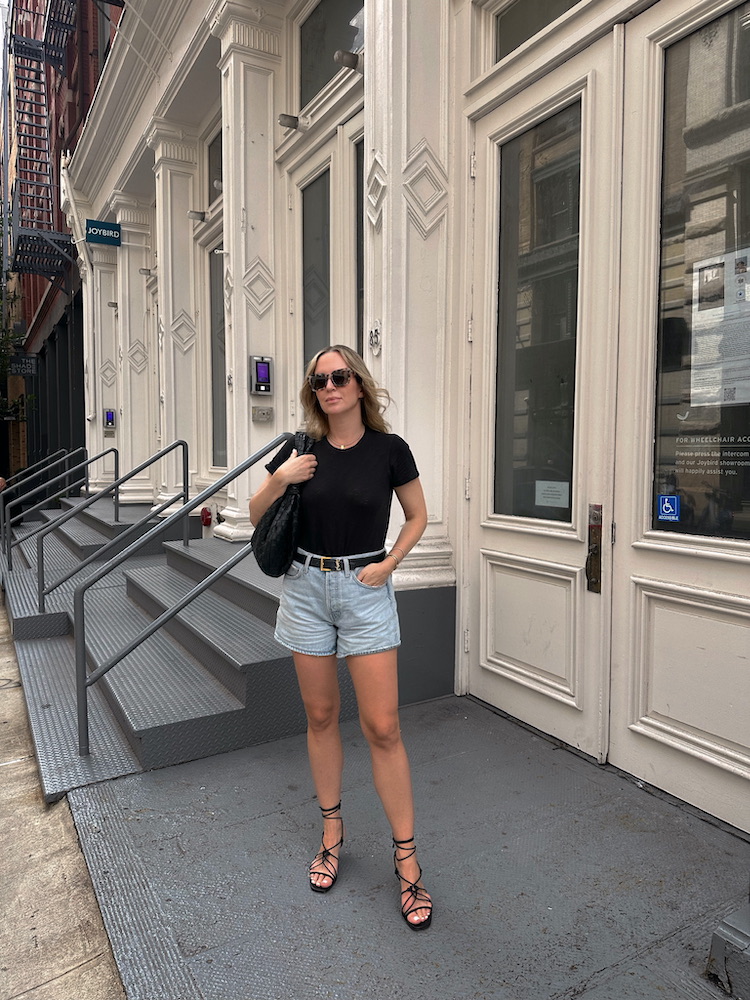 Helena Glazer in Summer Dressing in black shirt and denim shorts
