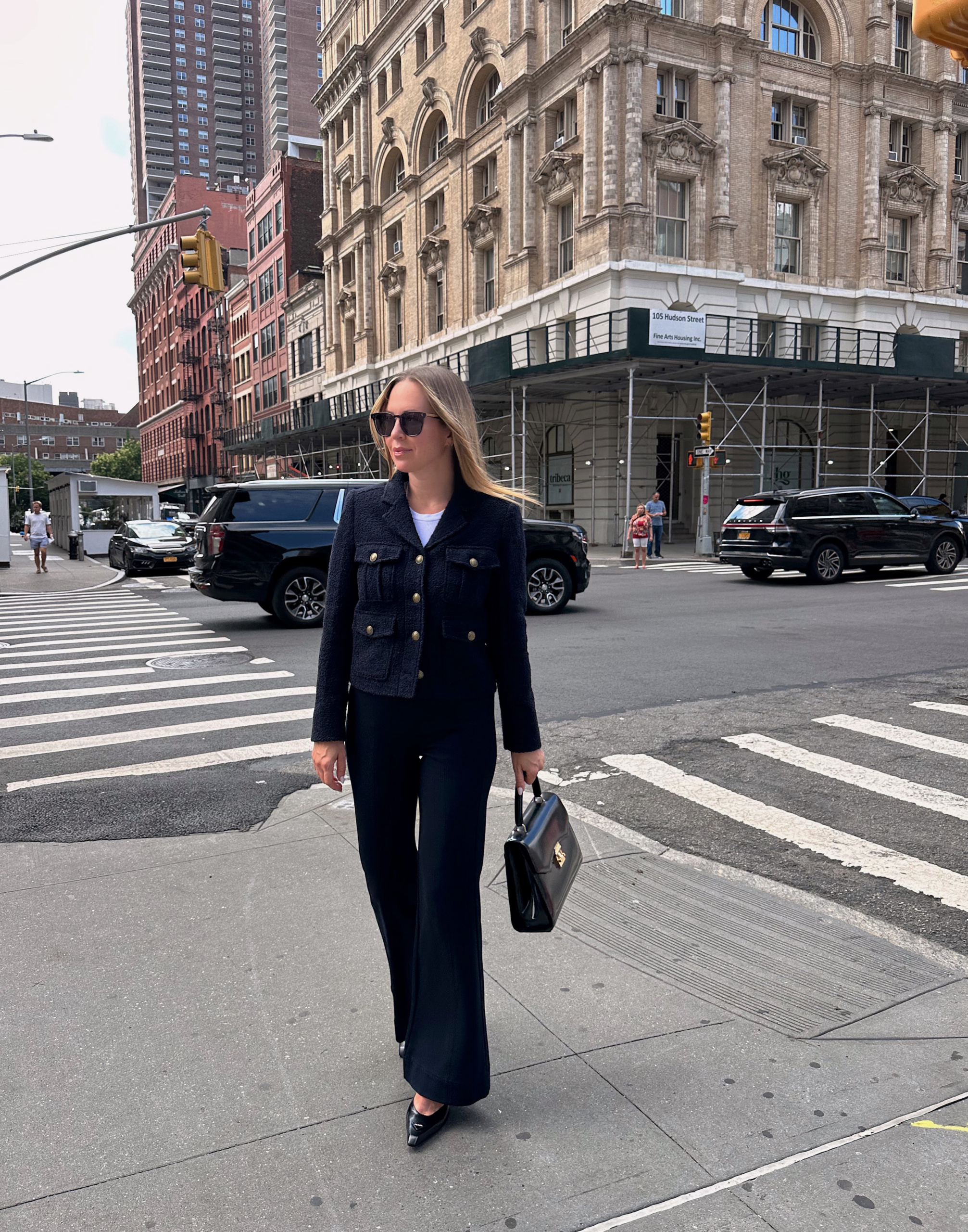 Helena Glazer Brooklyn Blonde blogger wearing Succession Vibe all black outfit
