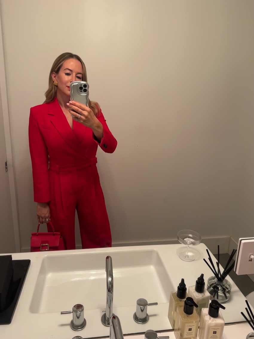 Helena Glazer wearing red jumpsuit for Fall/Winter Outfits