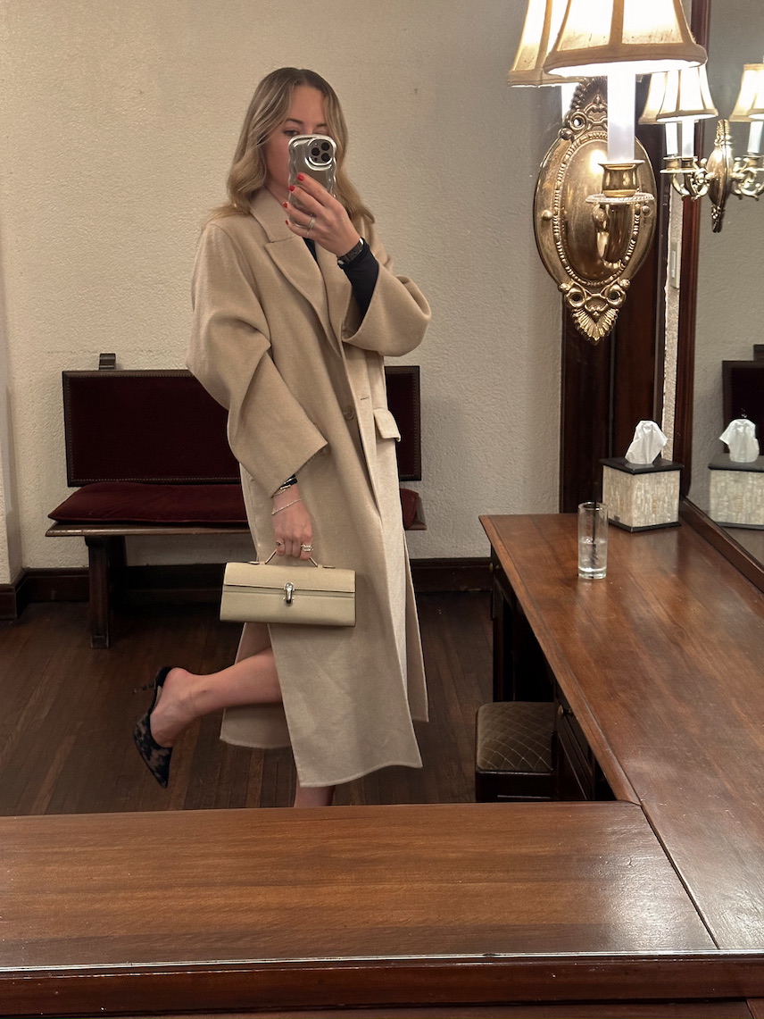 Brooklyn Blonde Blogger Helena Glazer styling her Savette Slim Symmetry Bag for date night