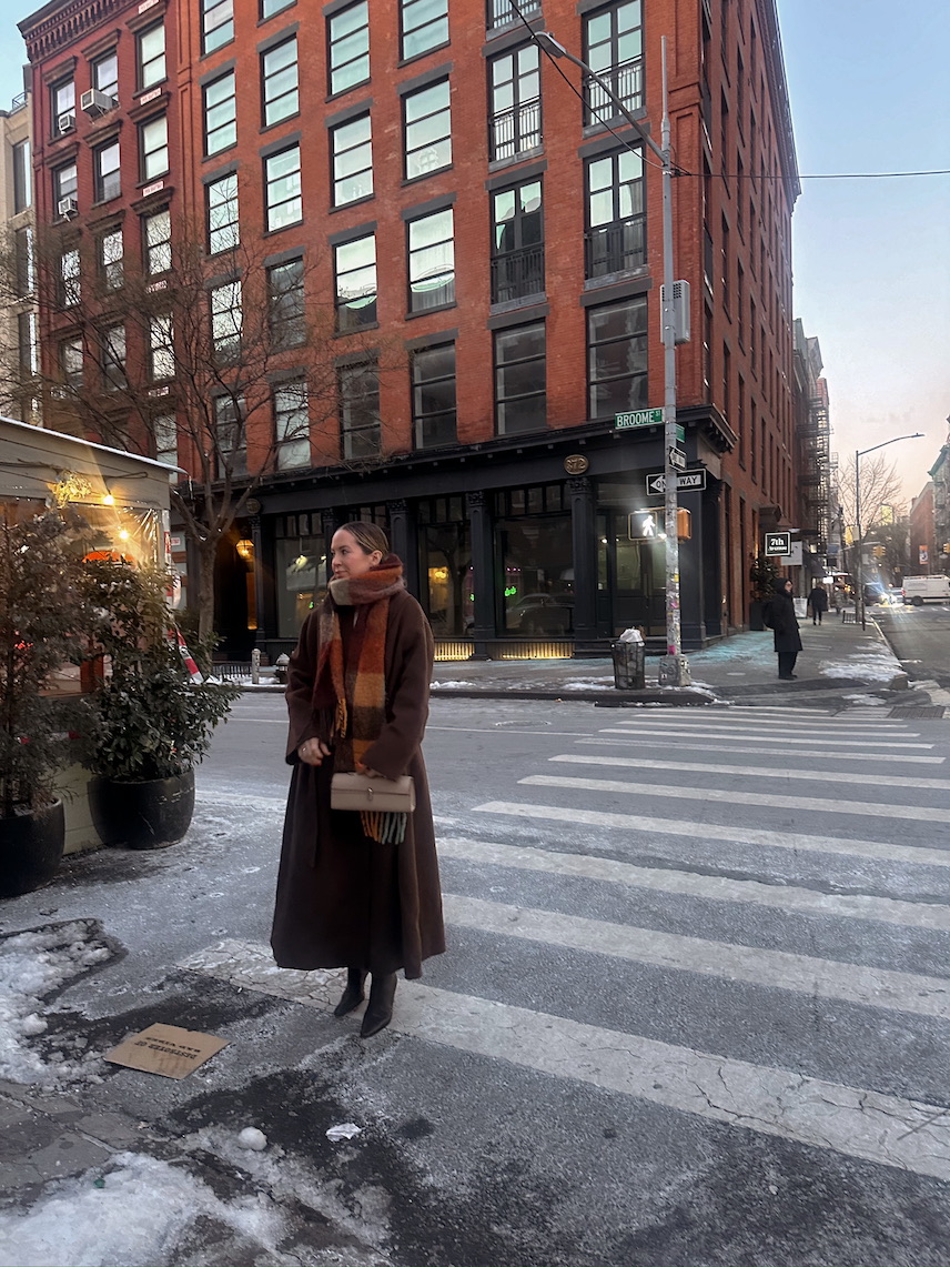 Brooklyn Blonde Blogger Helena Glazer styling her Savette Slim Symmetry Bag for winter